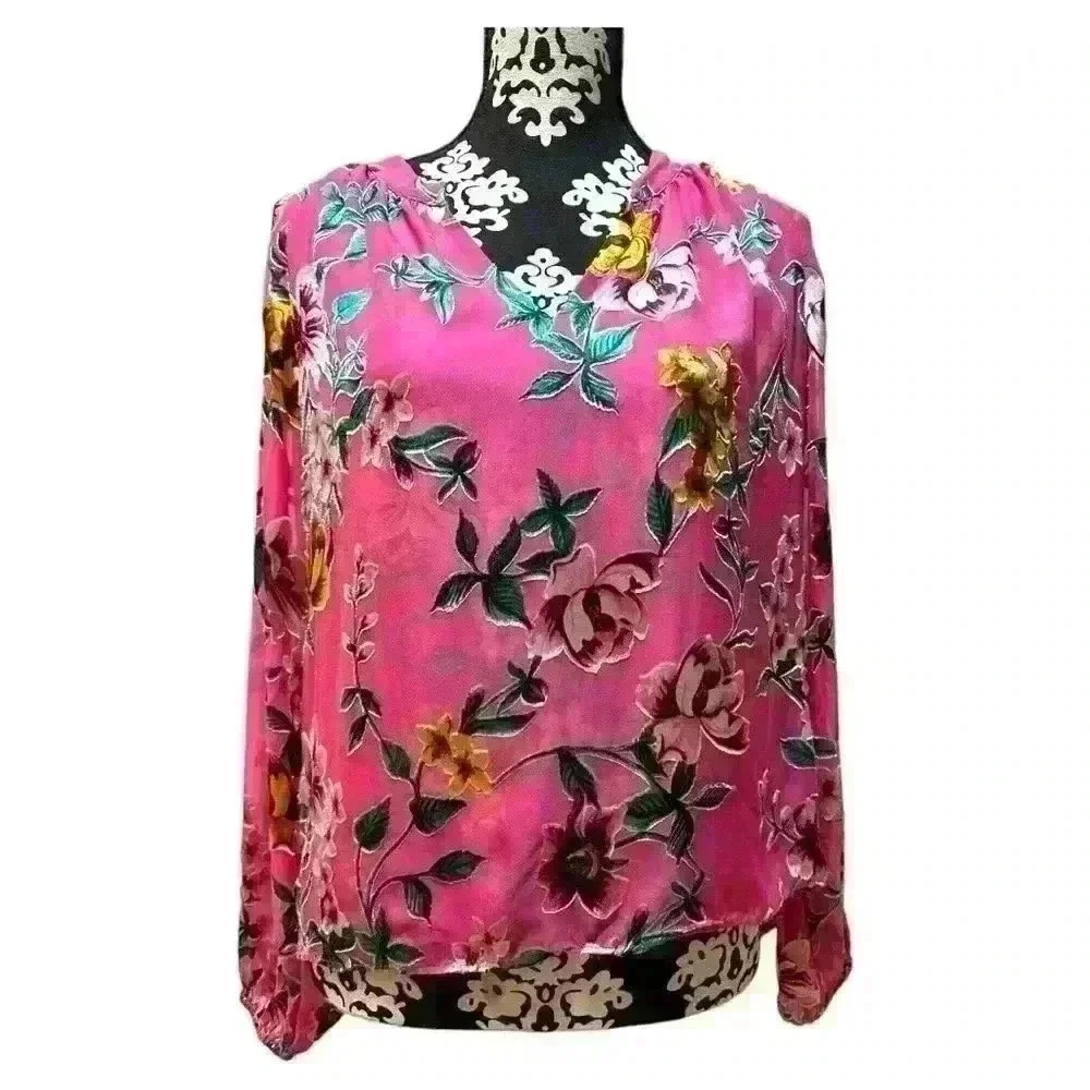 White House Black Market Pink Floral Silk Blouse Size Small